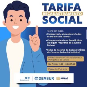 Tarifa Social do Demsur: recadastramento no prazo final