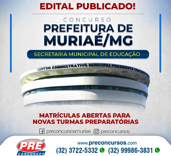 Publicado edital do concurso para Prefeitura de Muriaé